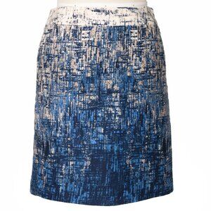 Anne Taylor Petite Abstract Print Pencil Skirt – 2P – Blue & Ivory Cotton